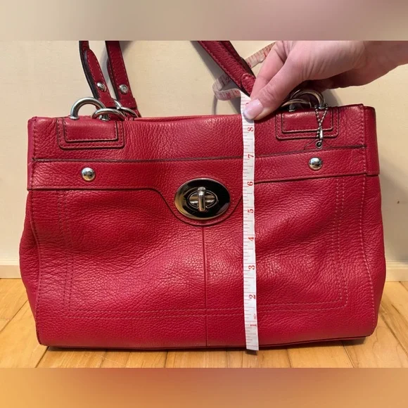 Coach Red Pebbled Leather Turnlock Tote Shoulder Bag Silver Hardware - Picture 3 of 11